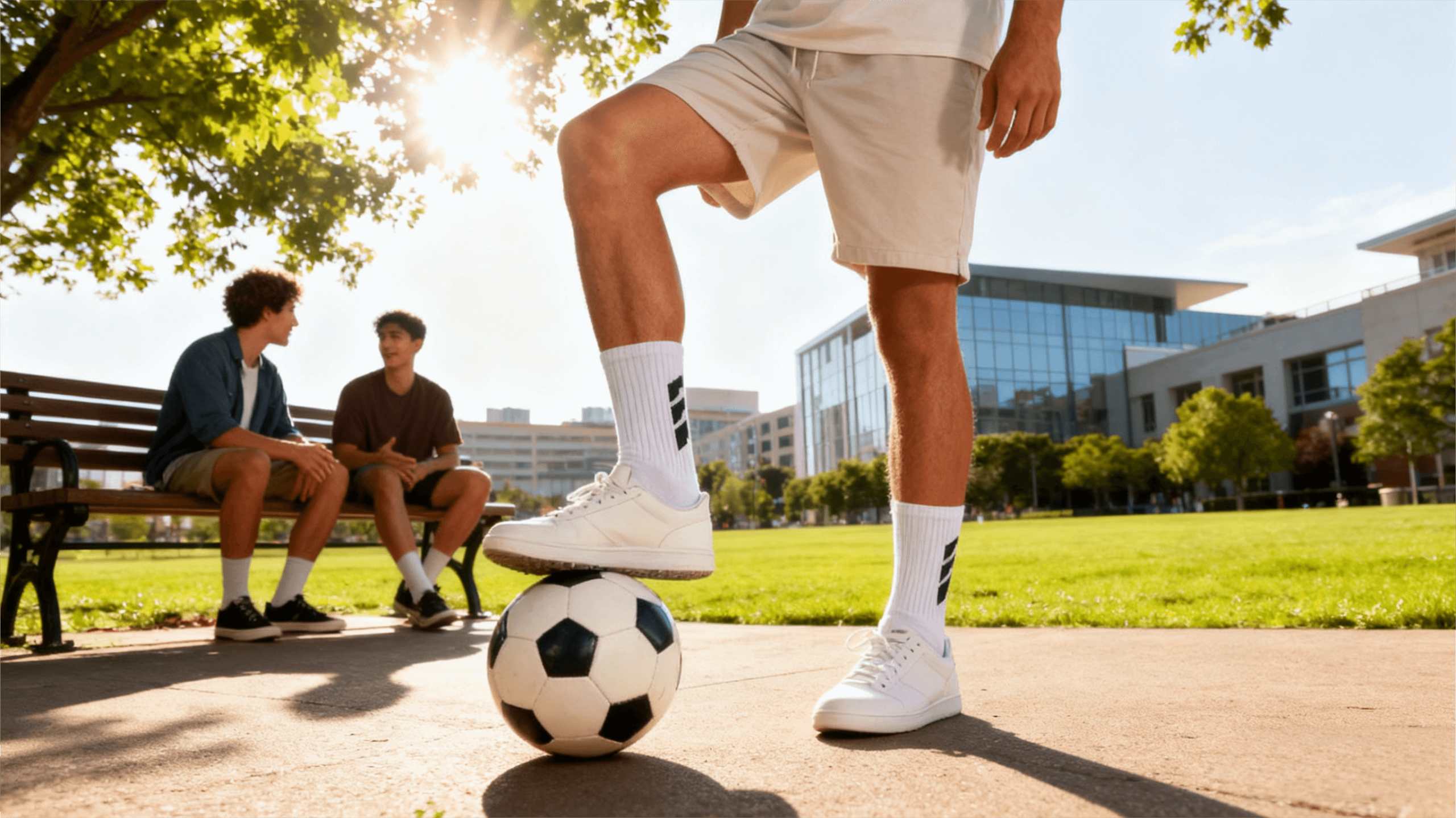 Young man standing beside a soccer ball wearing white youth soccer socks, casual shorts, and sneakers in an urban park, blending sporty performance with streetwear fashion. Friends walking in the background, soft sunlight highlighting the socks’ texture, representing American youth soccer style and casual athletic fashion.