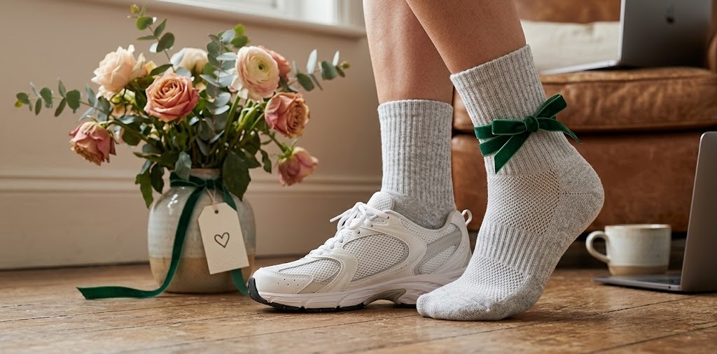 A woman wearing CLOSEMATE breathable grey crew socks and white sneakers, with a festive green bow on the ankle. A vase of flowers with a gift tag sits in the background, showcasing premium comfortable socks as practical Mother's Day gifts for busy moms.