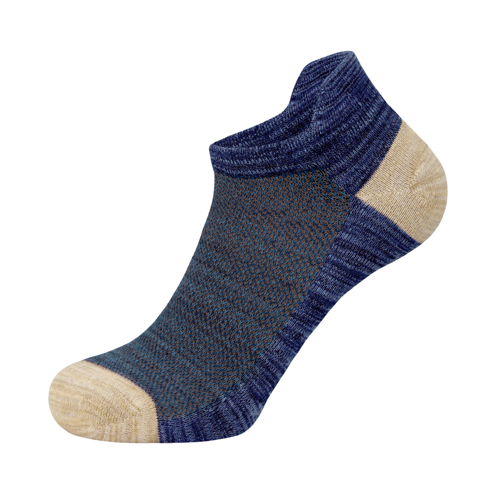 Blue and beige low-cut ankle socks with breathable mesh for men, casual daily wear