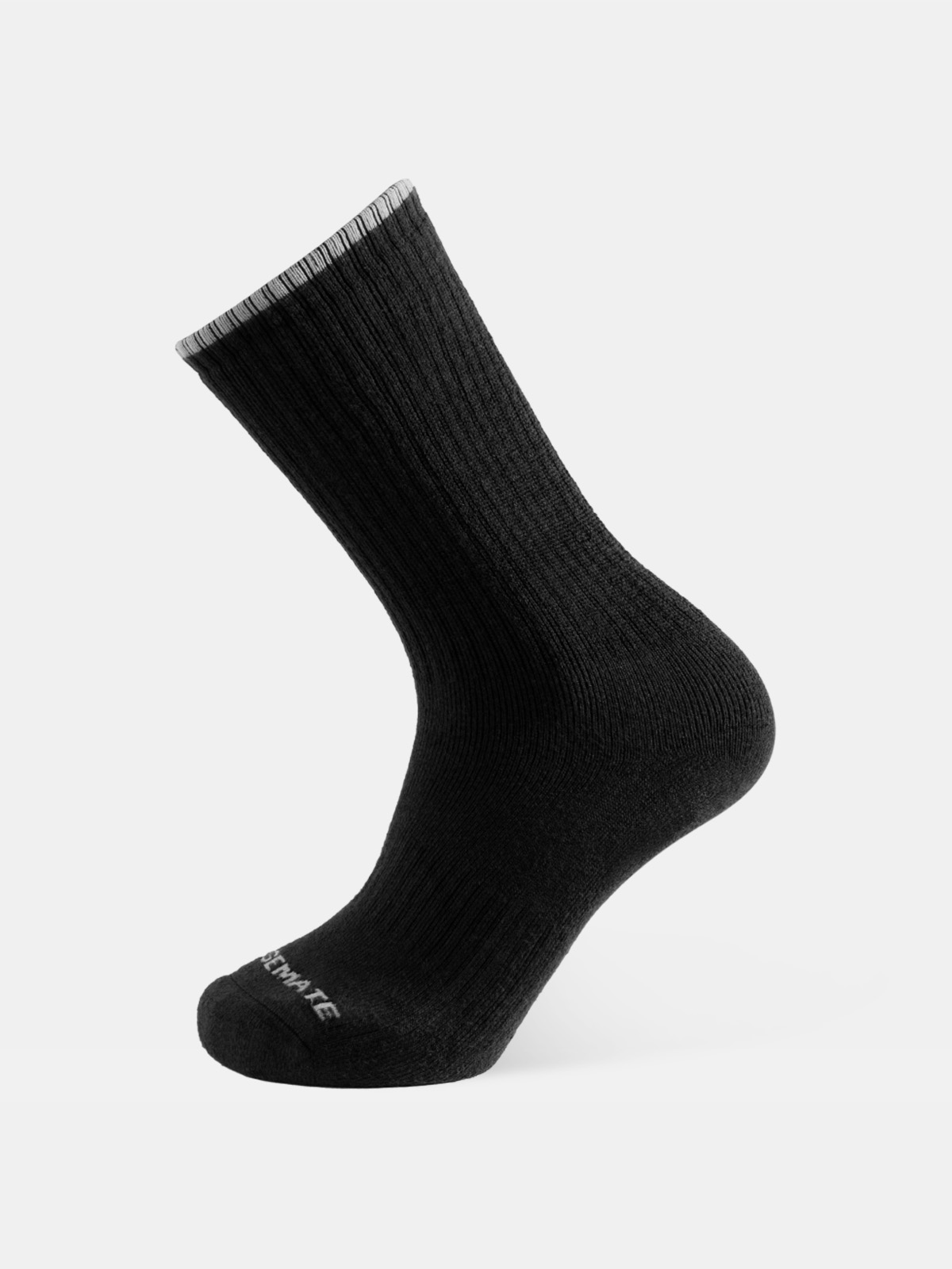 Side profile of CLOSEMATE black unisex soccer mid-calf sock highlighting ribbed knit and toe logo