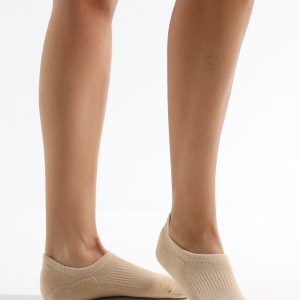 Khaki no-show sock with ribbed arch support displayed on a light background.