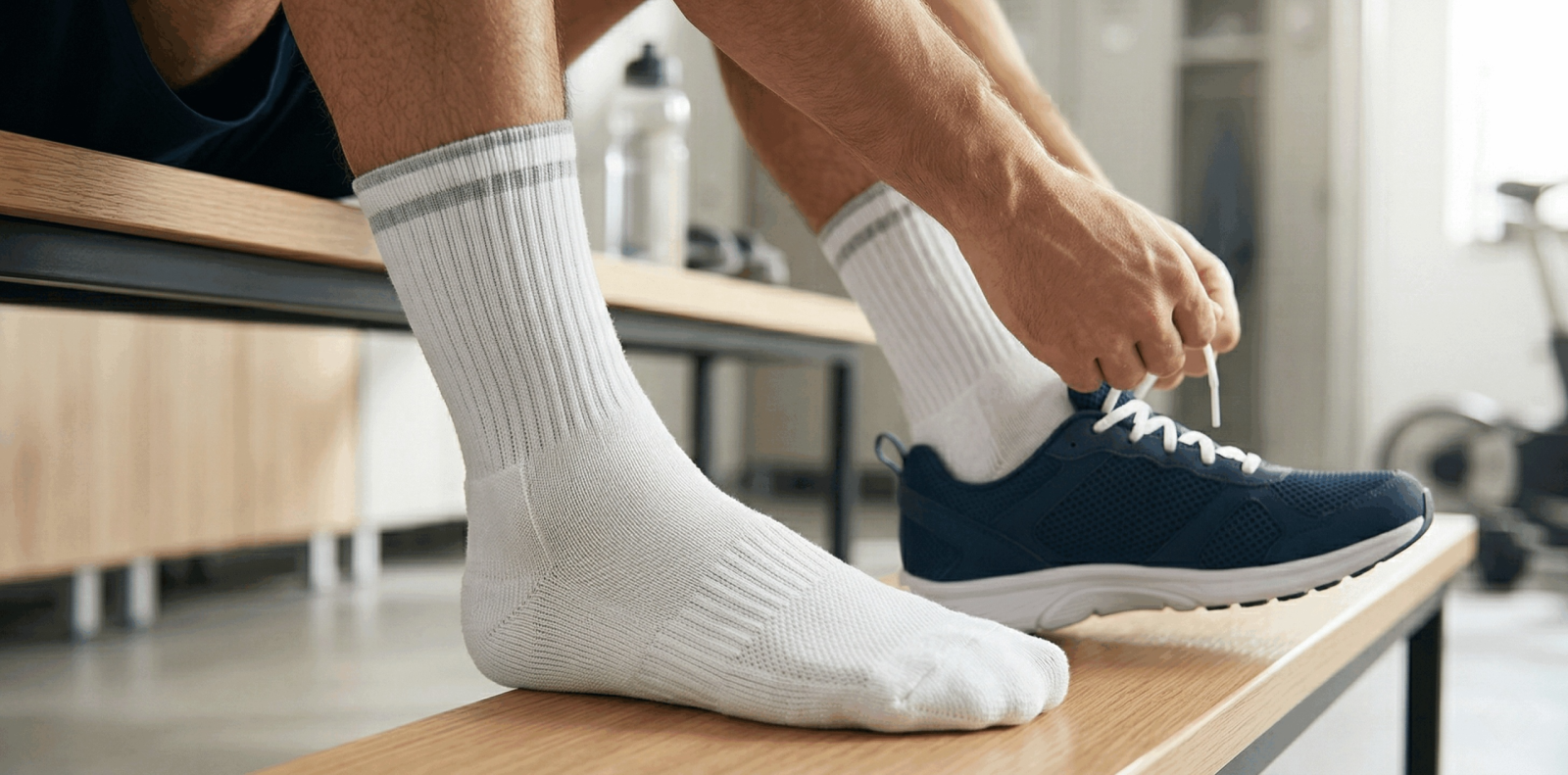 A man sitting on a gym bench tying his blue running shoes while wearing CLOSEMATE white athletic cushioned crew socks.