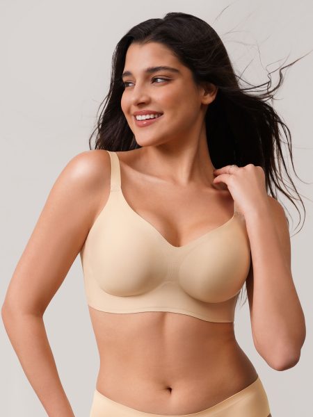 Beige seamless wireless bra on woman, everyday comfort bra