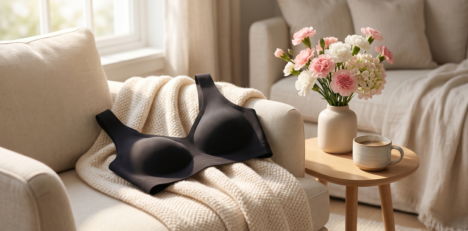 A comfortable black seamless bra resting on a cozy blanket with flowers, representing the ultimate practical mother's day gifts for mother.