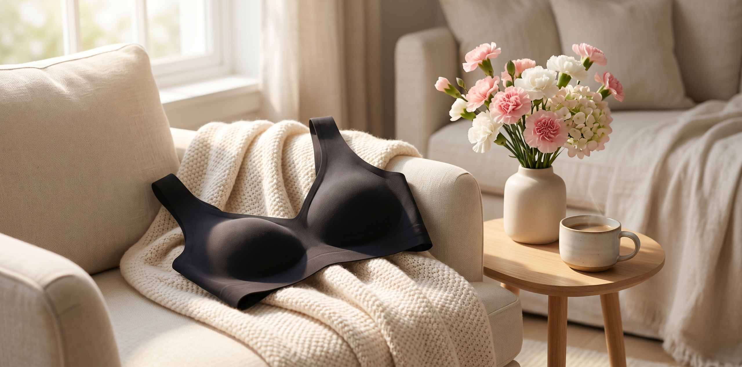 A comfortable black seamless bra resting on a cozy blanket with flowers, representing the ultimate practical mother's day gifts for mother.