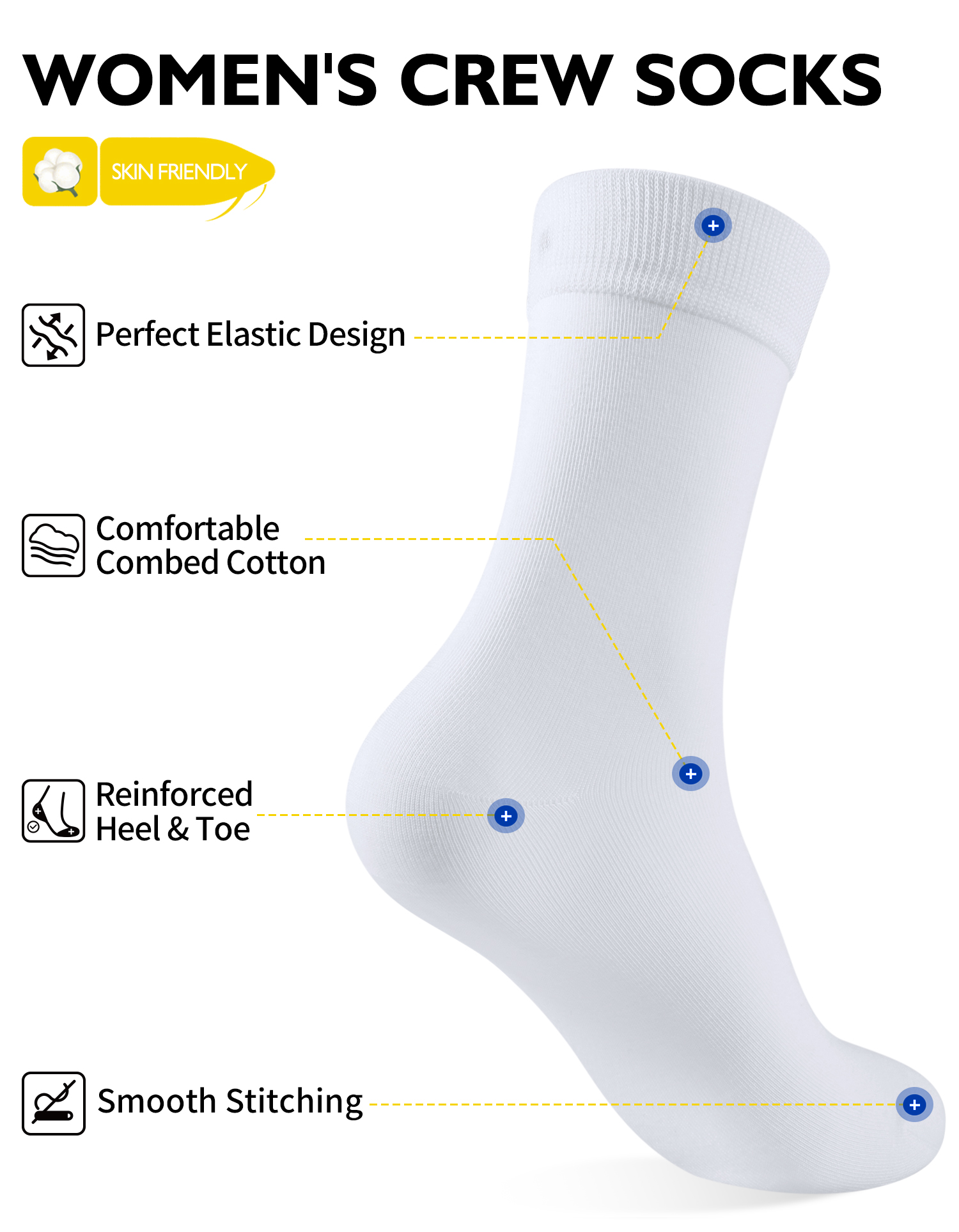 CT16-SWCH-White-05 CT16 Women’s Mid-Calf Cotton Casual Socks, solid black ribbed breathable stretch midcalf crew socks for women all-season daily outfit
