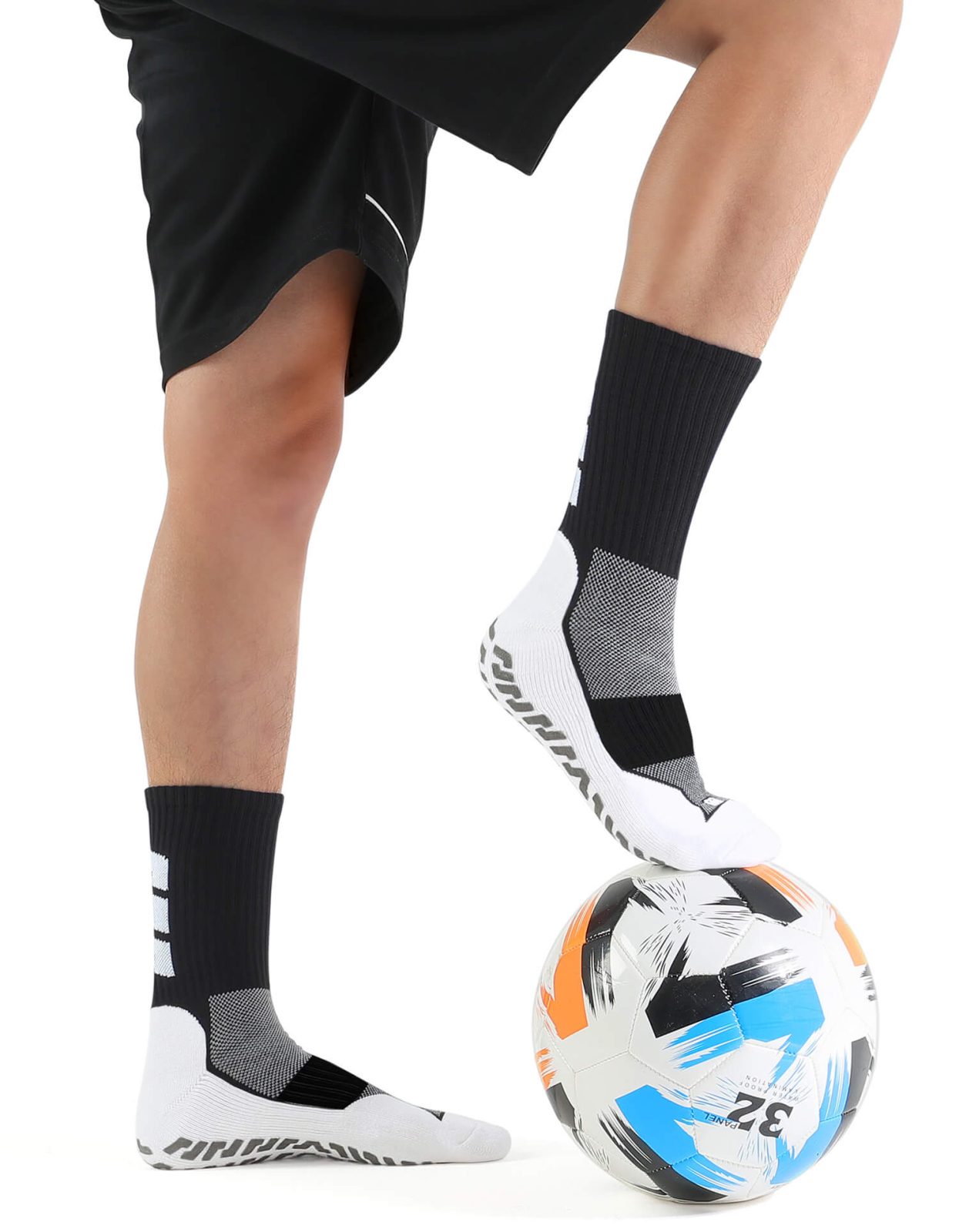 BlackWhite unisex soccer mid-calf socks with strong rubber grip sole and arch support