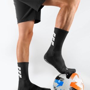 CT05_SWCH_BLACK_PT01 Black unisex soccer mid-calf socks with strong rubber grip sole and arch support