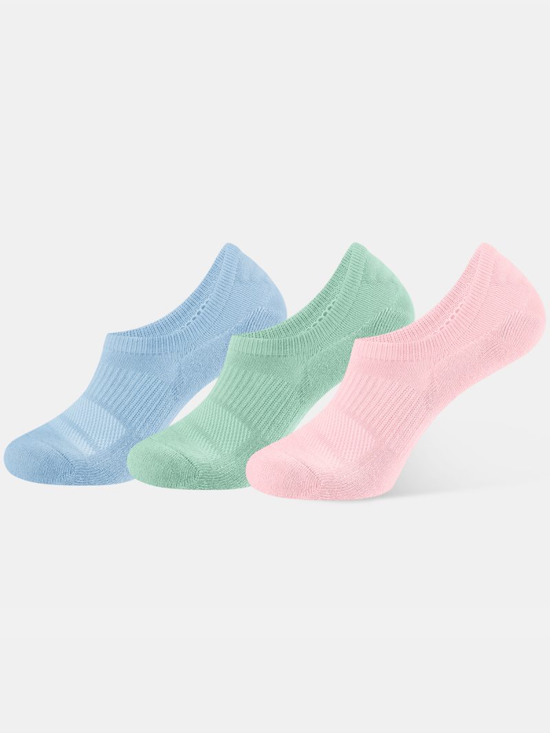 A detailed close-up product photograph of Closemate's light blue ribbed cotton no-show invisible boat socks, set against a smooth, neutral beige background. The image clearly highlights the breathable fabric texture, the precise contoured fit around the foot, and the intricate patterned weave on the footbed designed for comfort.