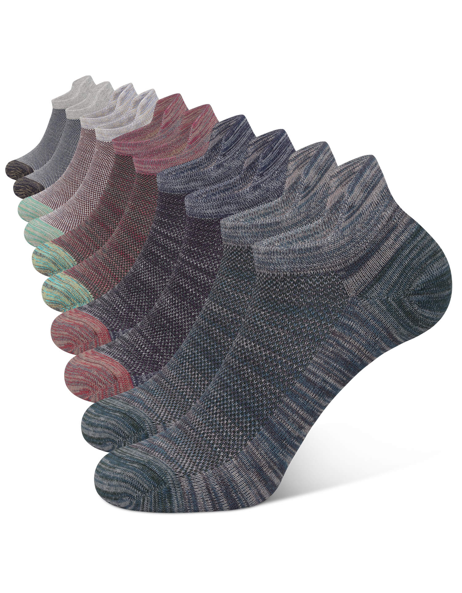 Multipack of CLOSEMATE heathered low cut ankle socks in mixed colors featuring mesh ventilation and heel tab