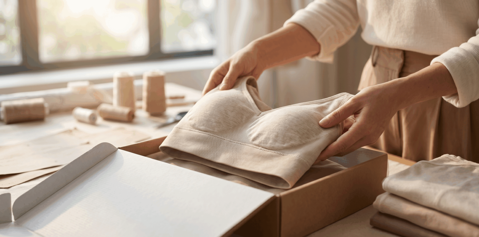 A designer's hands carefully folding and placing a nude, seamless wireless everyday bra into a white presentation box in a sunlit creative studio.