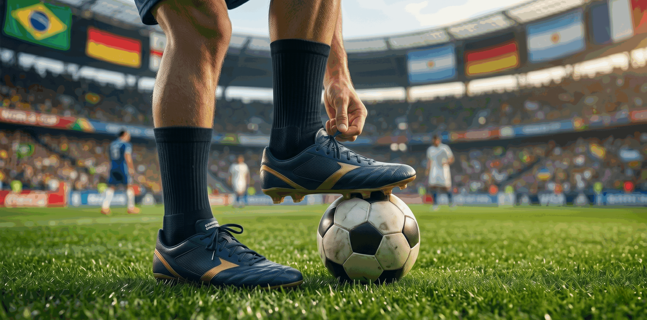 A close-up of a soccer player's lower legs and feet on a professional pitch, wearing CLOSEMATE all-black performance soccer socks and deep blue cleats. One foot is firmly on a soccer ball as they tie their laces. The vast, blurred World Cup stadium with international flags is visible in the background, conveying a pre-match focus.