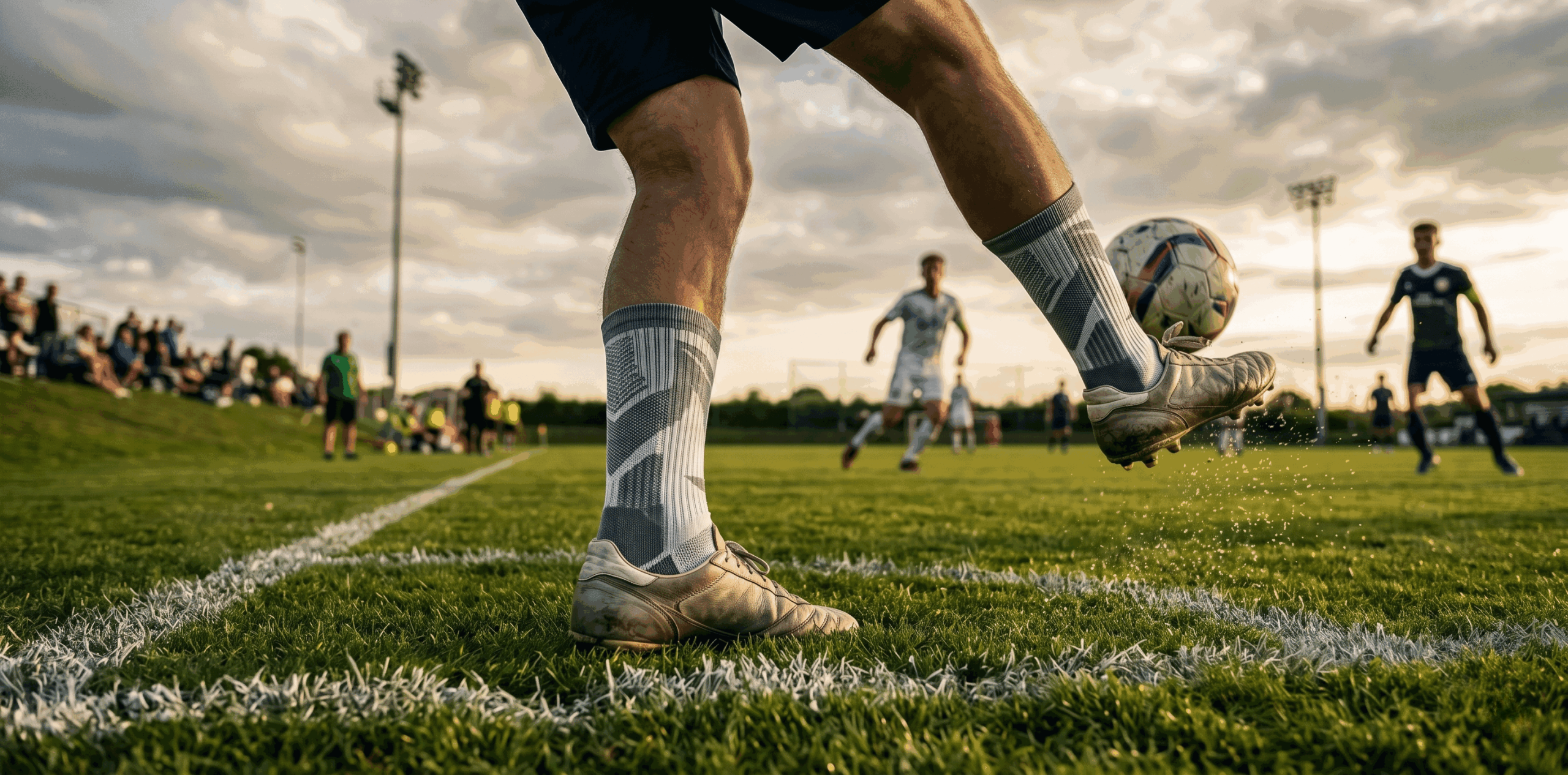 A close-up of a soccer player's legs wearing athletic mid-calf soccer socks and cleats, striking a ball on a grass pitch during a match, showcasing performance fit and support.