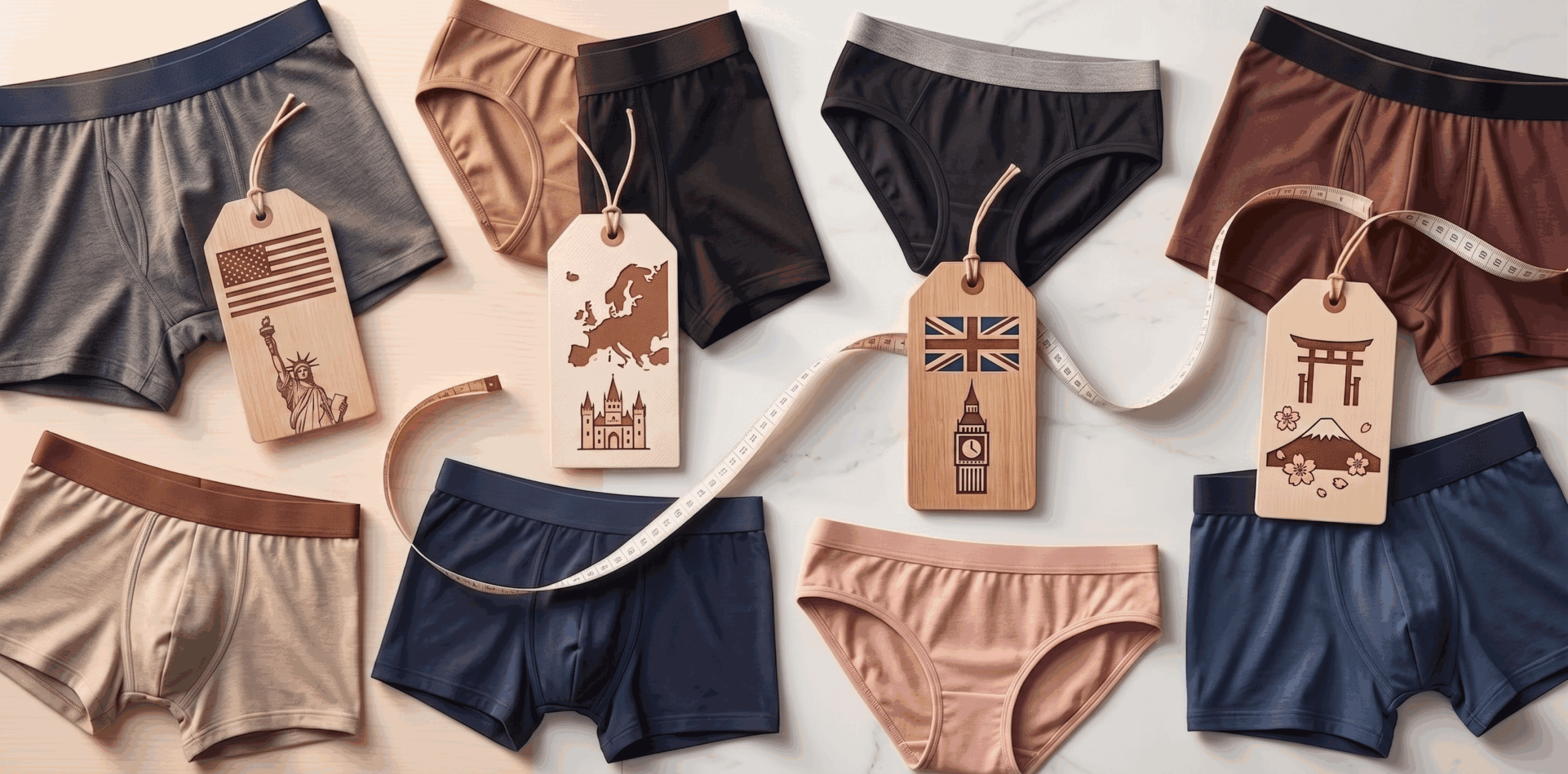 Flat lay of diverse CLOSEMATE men's boxer briefs and women's panties with a measuring tape and four wooden tags showing US flag, European map, UK flag, and Japanese Torii gate to represent global underwear size conversion.