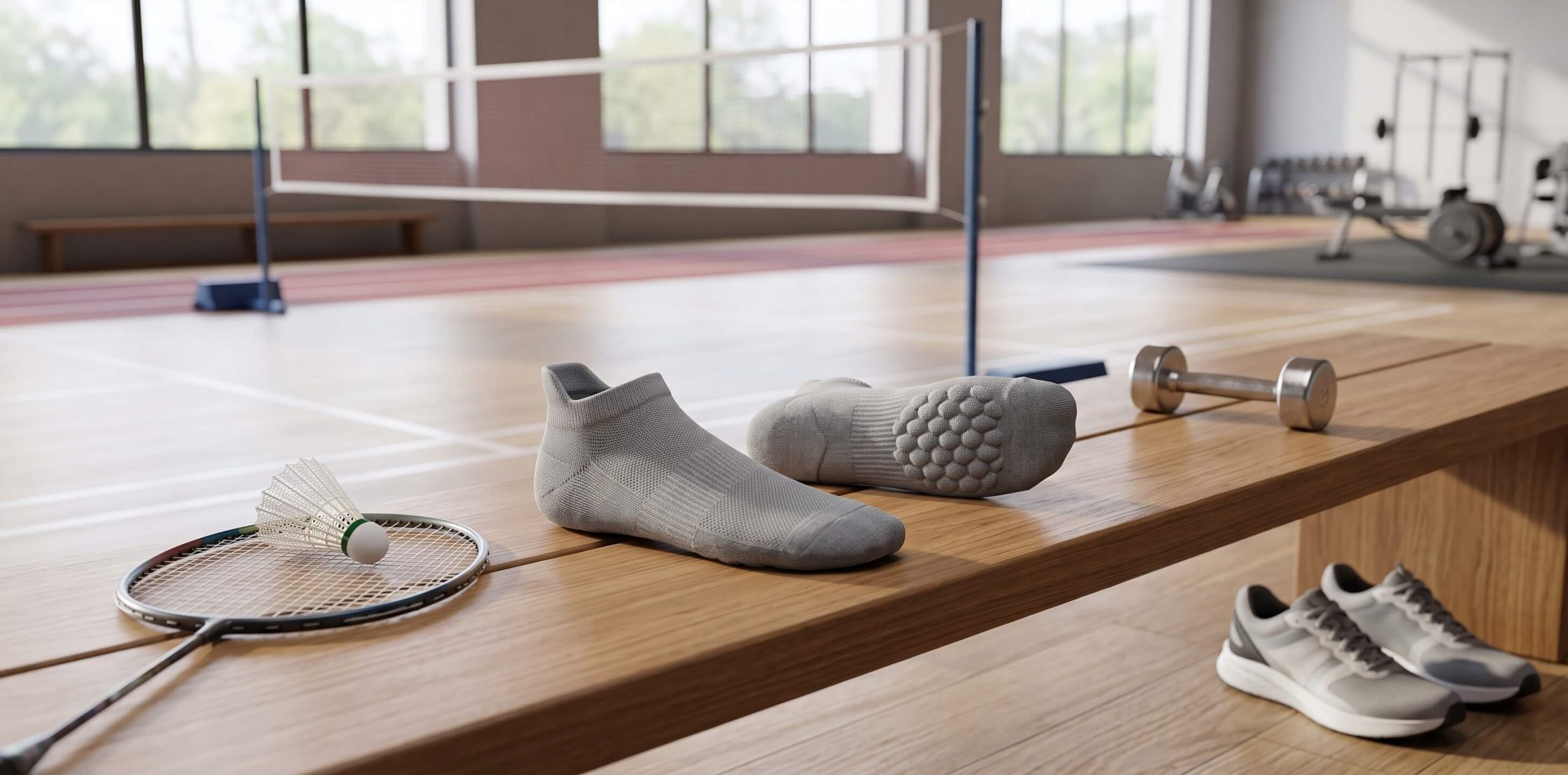 A pair of grey CLOSEMATE men's cushioned athletic ankle socks resting on a wooden gym bench next to a badminton racket, shuttlecock, and a dumbbell, highlighting the 3D cushion sole and anti-blister heel tab design.