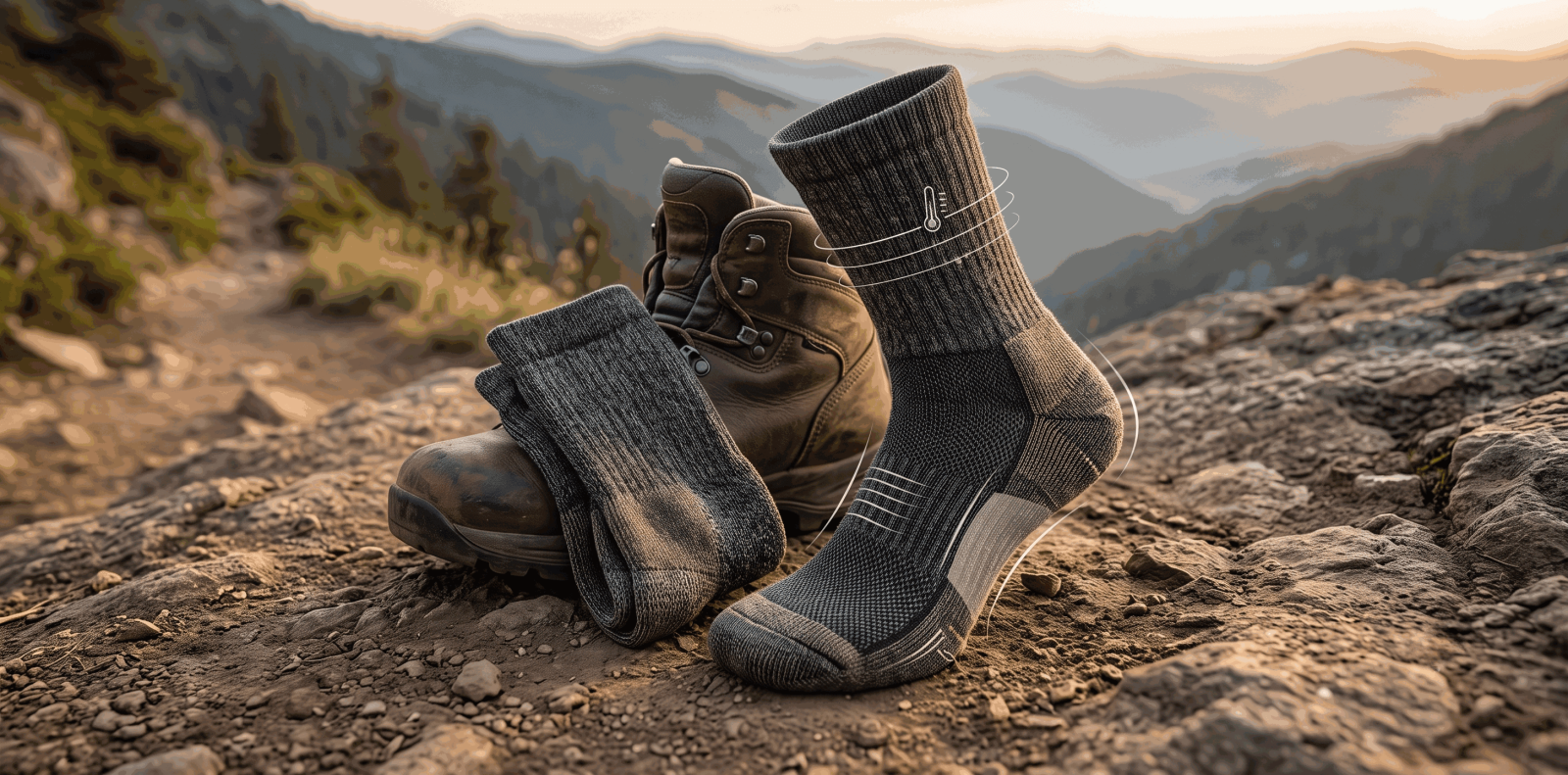A pair of Men's Wool Thermal hiking socks and a rugged leather boot resting on a rocky mountain trail at sunrise. The socks feature digital graphic overlays highlighting temperature regulation and breathability, showcasing the essential features of the best hiking socks for outdoor trekking.