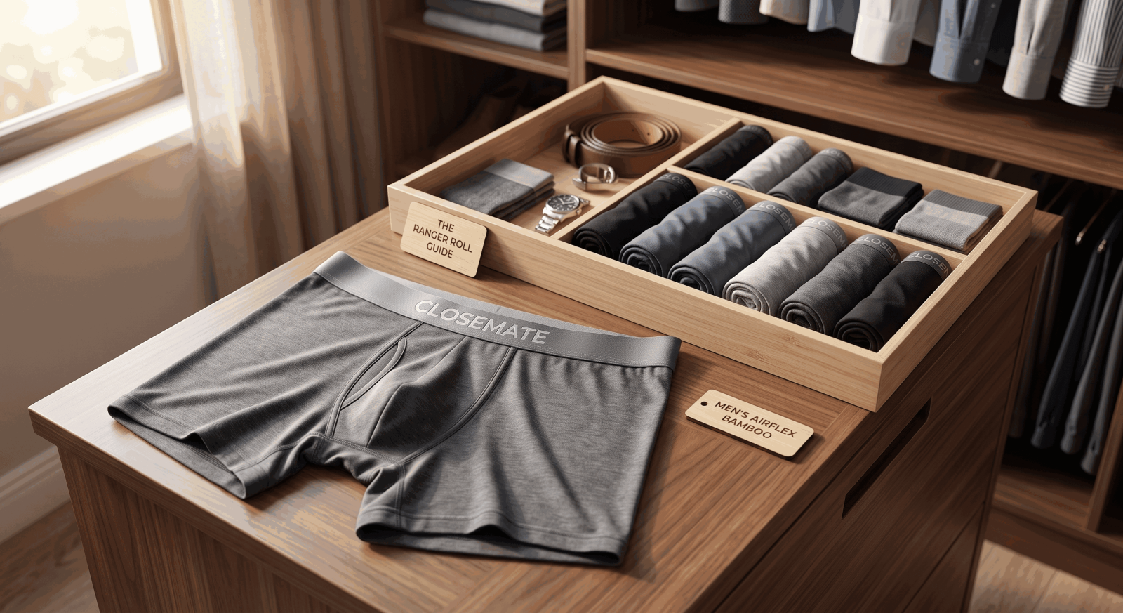 A pair of grey CLOSEMATE Men's AirFlex Bamboo boxer briefs laid flat on a wooden dresser, next to a bamboo drawer organizer displaying neatly folded underwear using the space-saving Ranger Roll method.