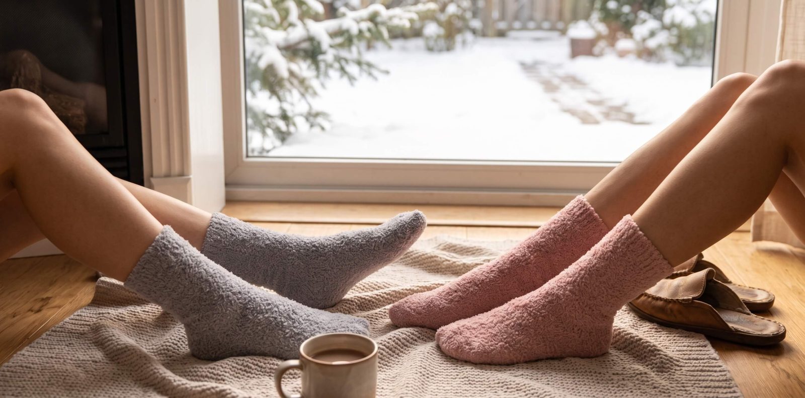 Women’s mid-calf thermal fuzzy socks with a plush coral velvet texture