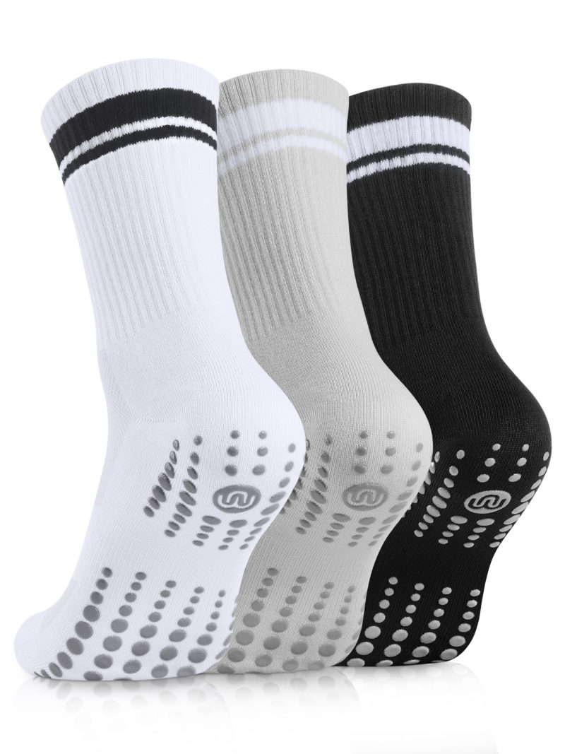 CLOSEMATE Women's Pilates Grip Socks, Non Slip Yoga Crew Socks, 3 Pairs