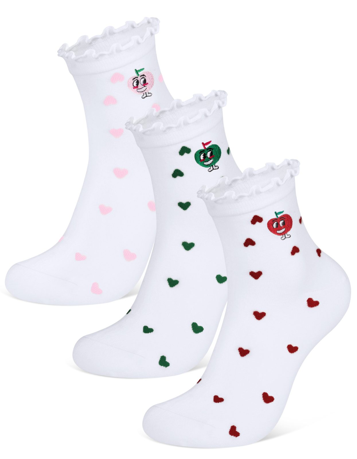 CLOSEMATE Women Ruffle Heart Pattern Ankle Socks 3 Pairs