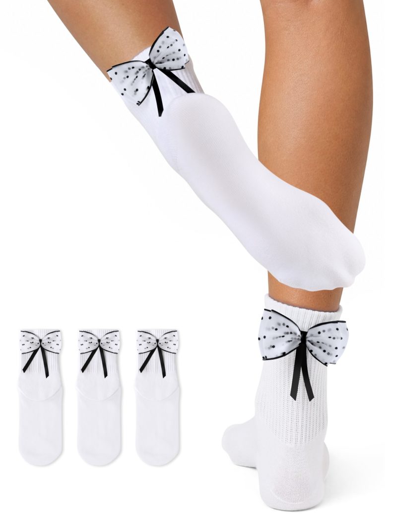 CLOSEMATE Crew Socks for Women with Delicate Organza Bow 3 Pairs